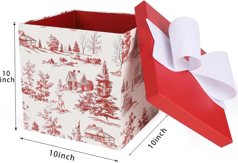 LaRibbons Large Christmas Gift Boxes with Lids, 10x10x10 Inches Winter Tree & Cabin Design Folding Square Gift Boxes for Holiday Decorative, Xmas, Present, Storage, Red - Image 5